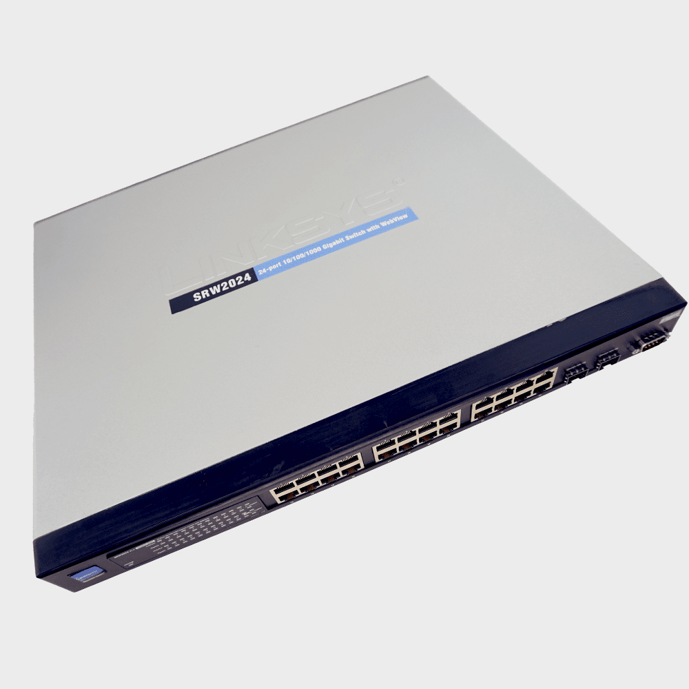 Cisco 24-Port Gigabit Switch SRW2024-K9-EU Front seitlich mit Anschlüsse